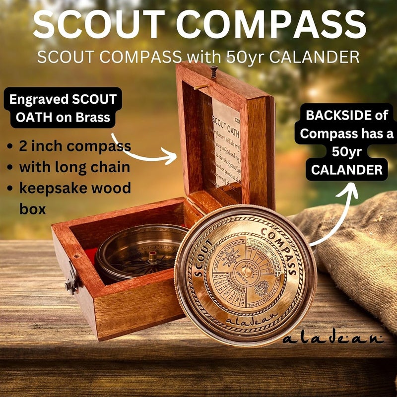 ALADEAN Scout Compass Gift Boys - Engraved Scout Oath Compass in wood Box Scout Always Prepared Camping Orienteering Compass, Hiking Backpacking Compass gift, 50 year calander - Image 2